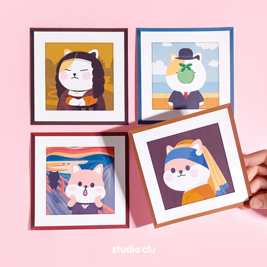 Peach Dog & Mango Cat Cute Painting Art Print Cards