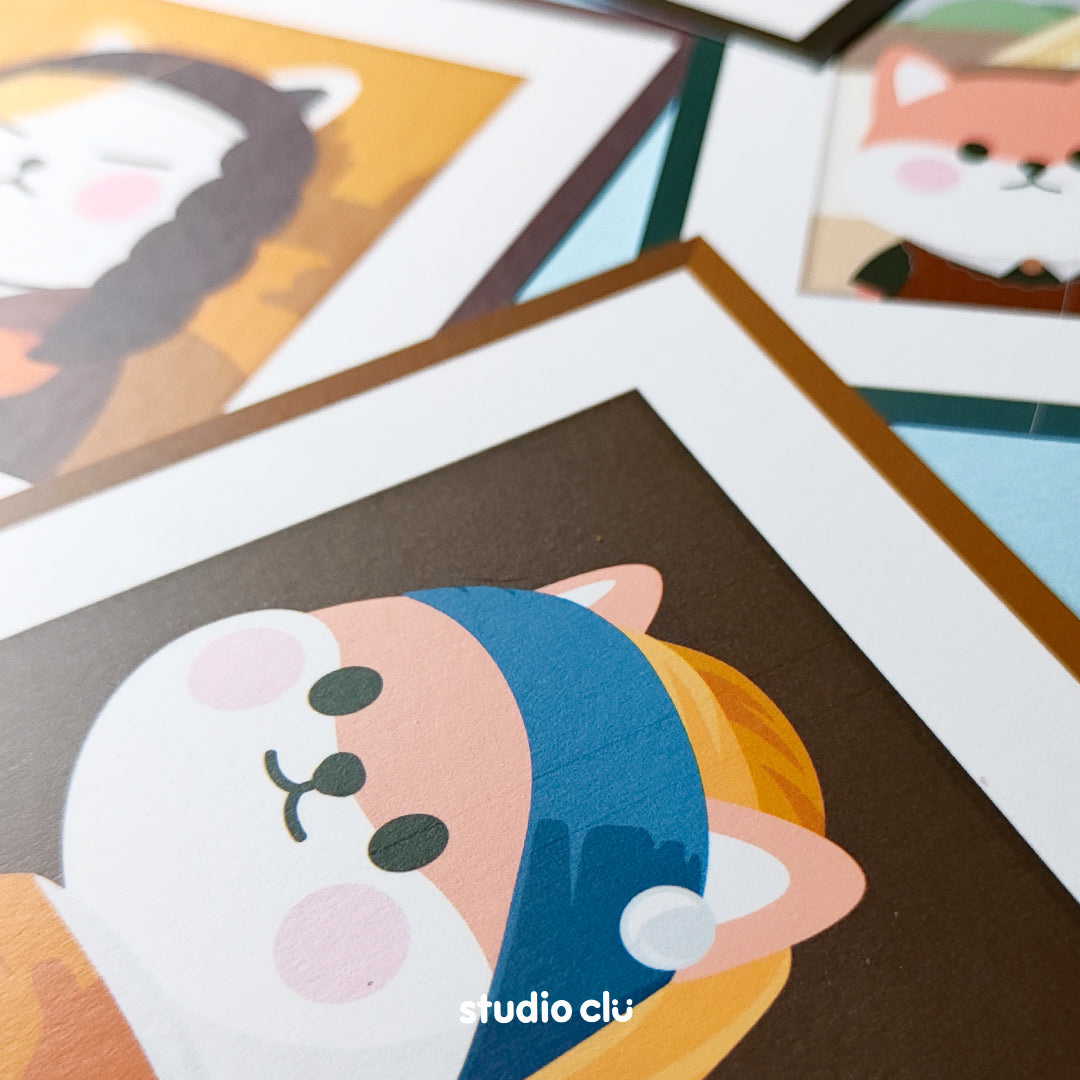 Peach Dog & Mango Cat Cute Painting Art Print Cards