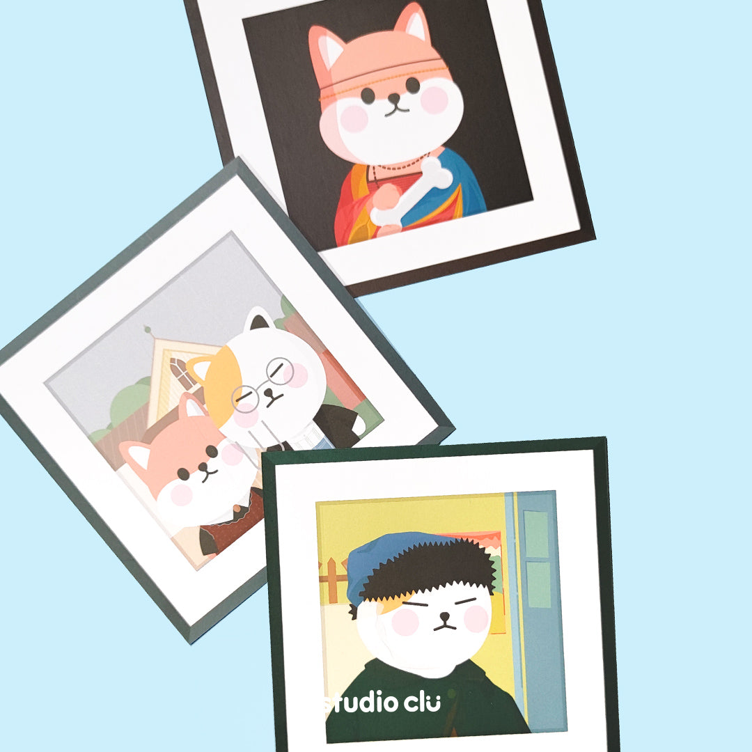 Peach Dog & Mango Cat Cute Painting Art Print Cards