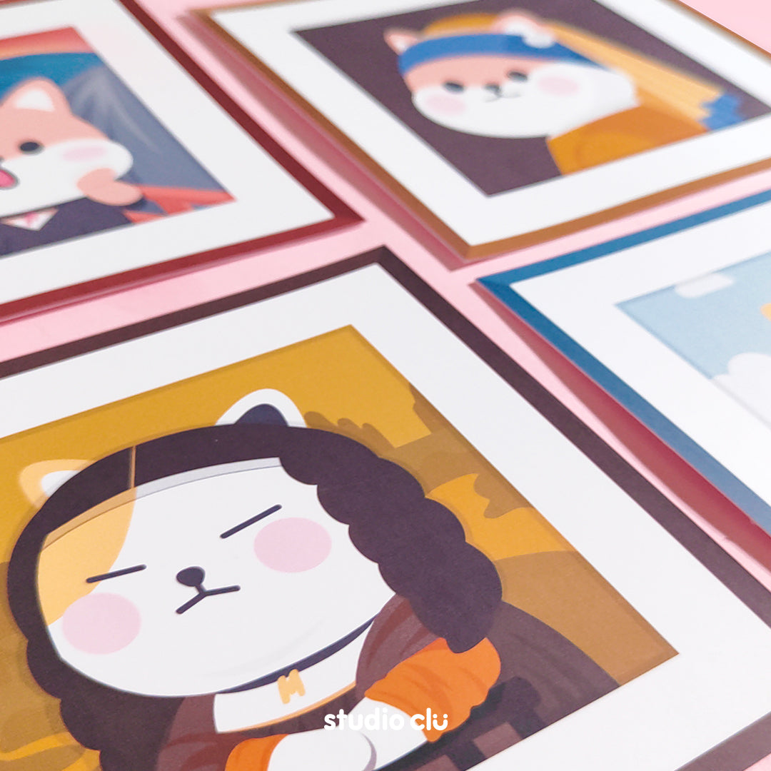 Peach Dog & Mango Cat Cute Painting Art Print Cards