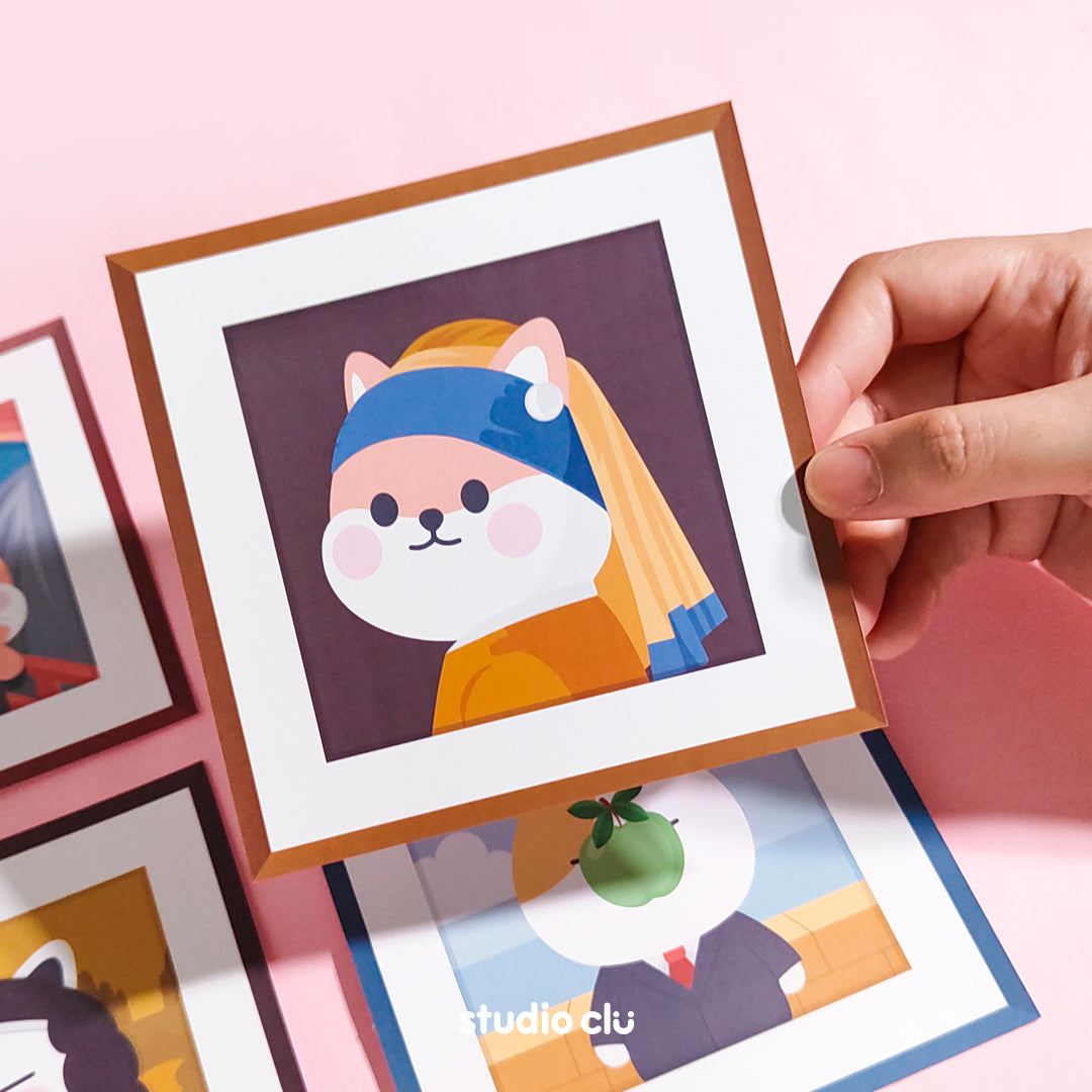 Peach Dog & Mango Cat Cute Painting Art Print Cards